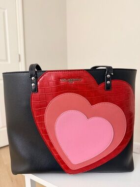 Karl Lagerfeld Paris Heart Tote Bag | Black Red Pink | Strap Damage